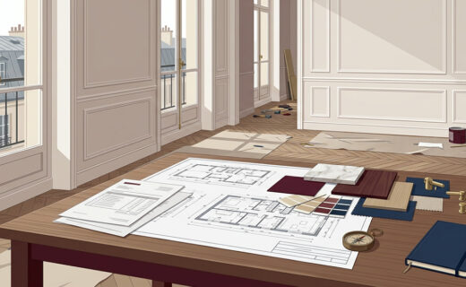 Plans de rénovation et échantillons de matériaux dans un appartement ancien.