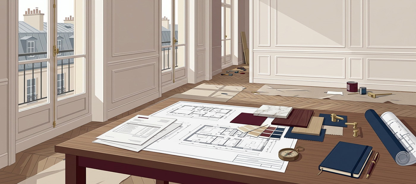 Plans de rénovation et échantillons de matériaux dans un appartement ancien.