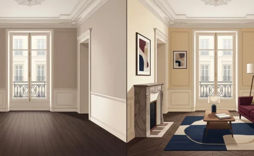 Deux vues d’un appartement contemporain, vide puis équipé pour une location meublée.