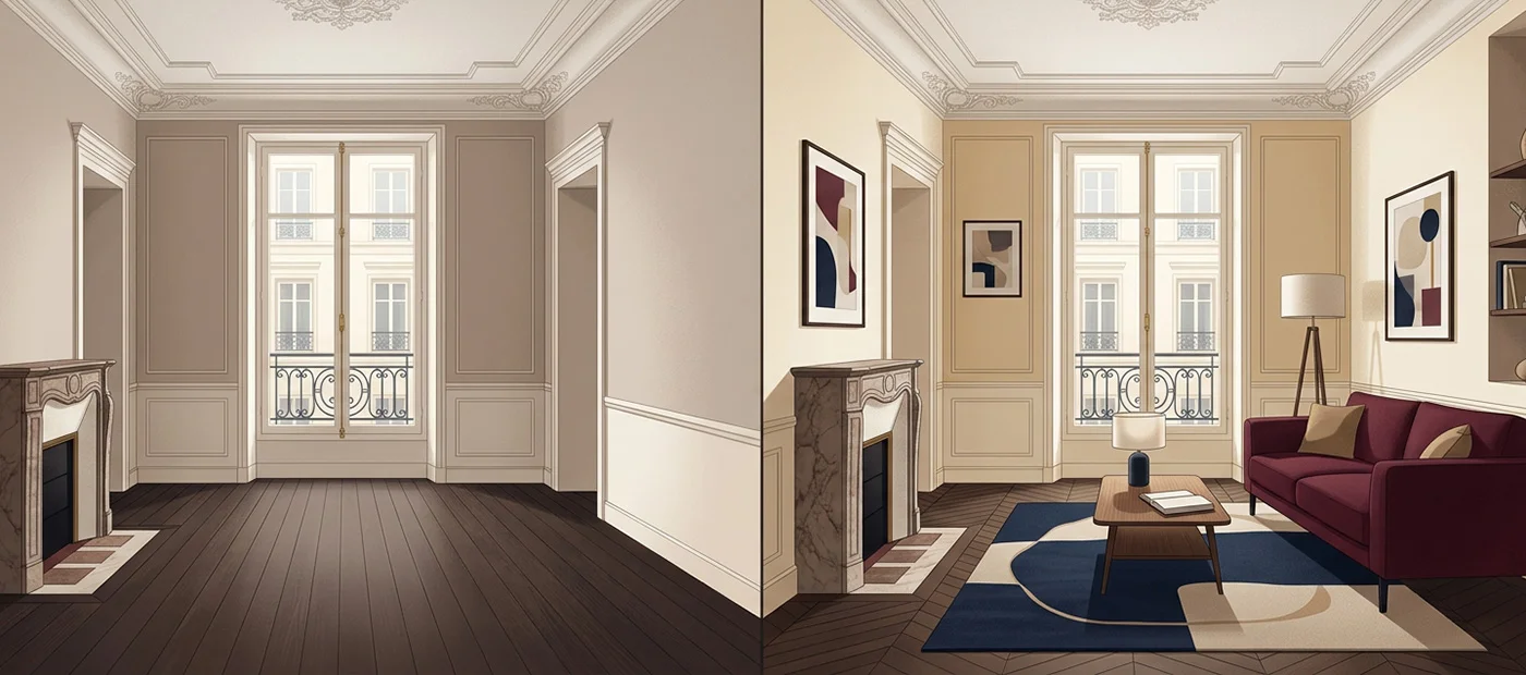 Deux vues d’un appartement contemporain, vide puis équipé pour une location meublée.
