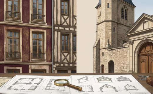 Façades anciennes en pierre et plans de restauration d’un bâtiment patrimonial.