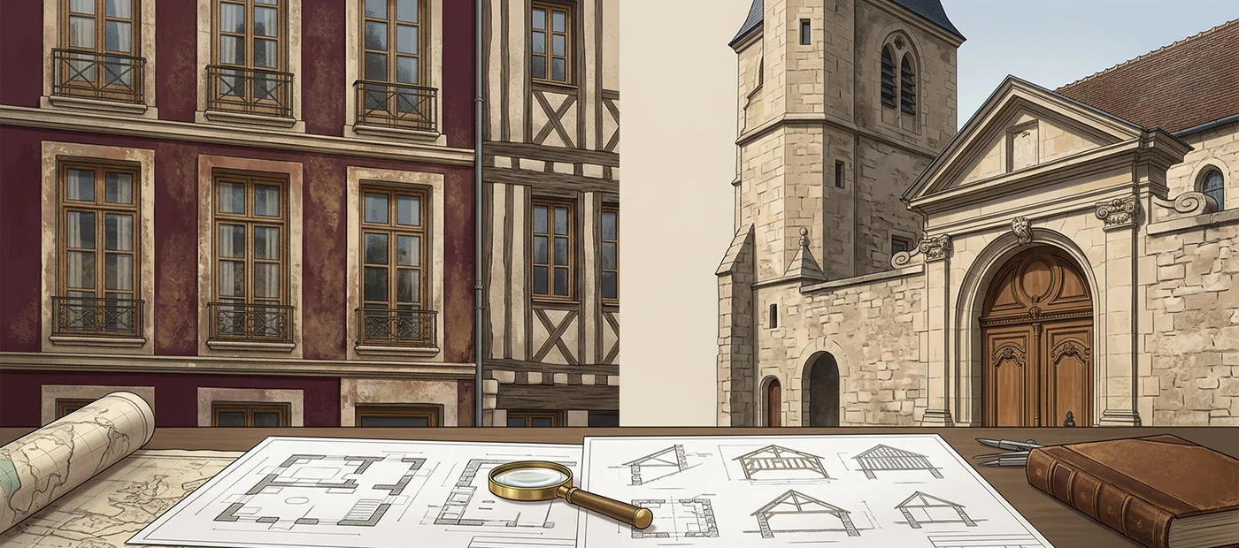 Façades anciennes en pierre et plans de restauration d’un bâtiment patrimonial.